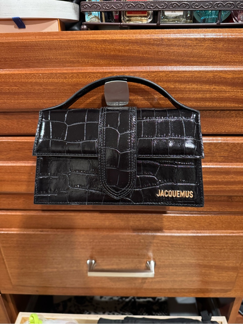 Jacquemus Black Croc-Embossed Top Handle Wallet Bag